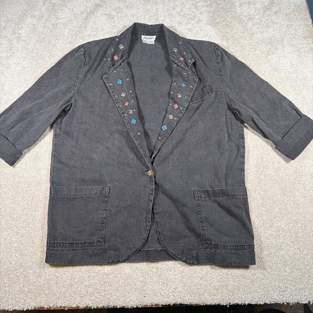 Dreams Denim Blazer Style Jacket Womens‎ Large Casual Artsy Embellished 90's